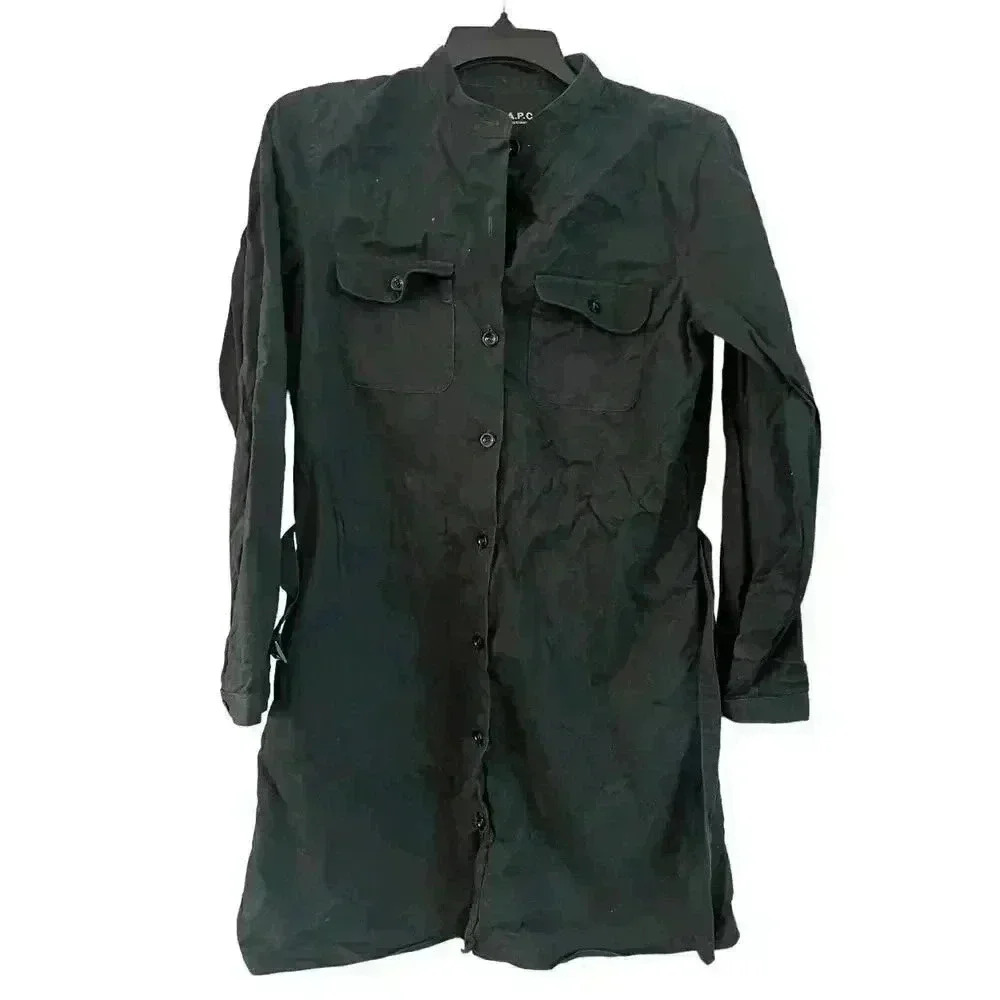 A.P.C. 100% Cotton Dress Black Belted Button Up Long Sleeve Pockets Size Medium